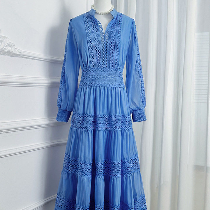 Elegant Womens Long Sleeve V Neck Dress French Lace Panel Ruffled Hem Waist Defined Autumn Fashion Wholesale