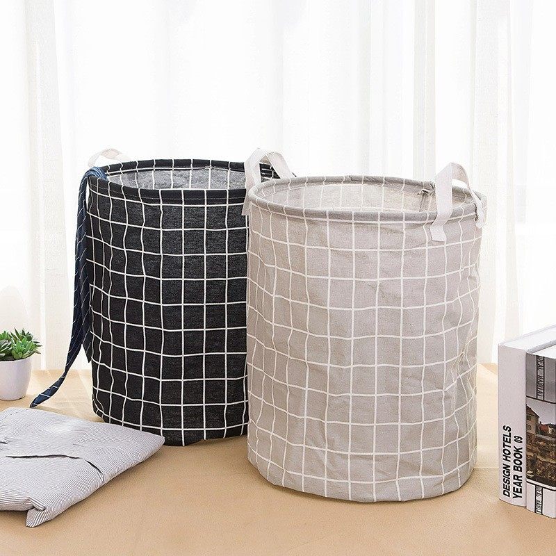 Household Fabric Laundry Basket Storage Bin Round Cotton and Linen Dirty Clothes Basket Toy Miscellaneous Items Grid Storage Foldable Laundry