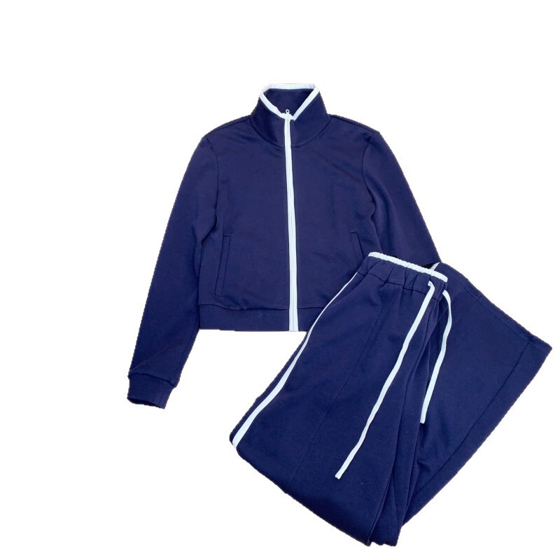 Bộ đồ nữ áo hoodie cổ cao phối màu kèm quần dài ống rộng lưng thun — Áo khoác màu xanh navy, Quần dài casual màu xanh navy
