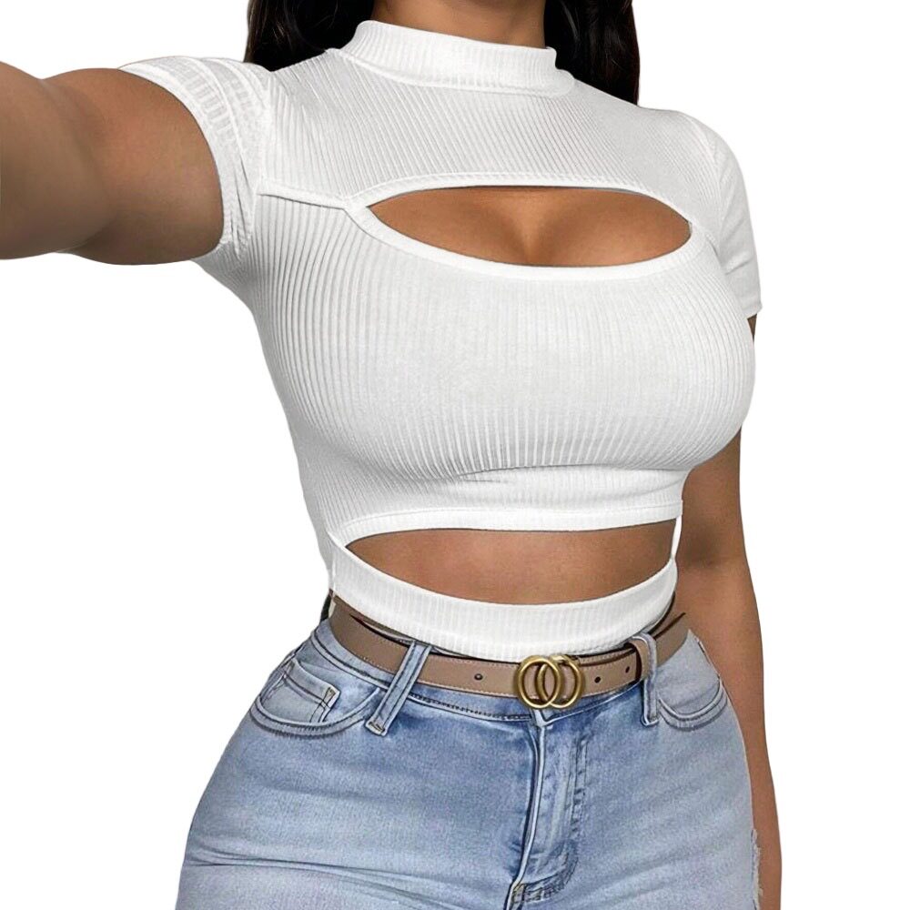 Hollow Out Half High Neck Slim Fit T Shirt for Women Short Sleeve Sexy Style Summer Fashion Wholesale Available