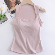 Chest Pad One-piece No-wear Bra Sleeveless Wide Shoulder Strap Vest Women's Summer Cool Square Neck Solid Color Casual High-elas