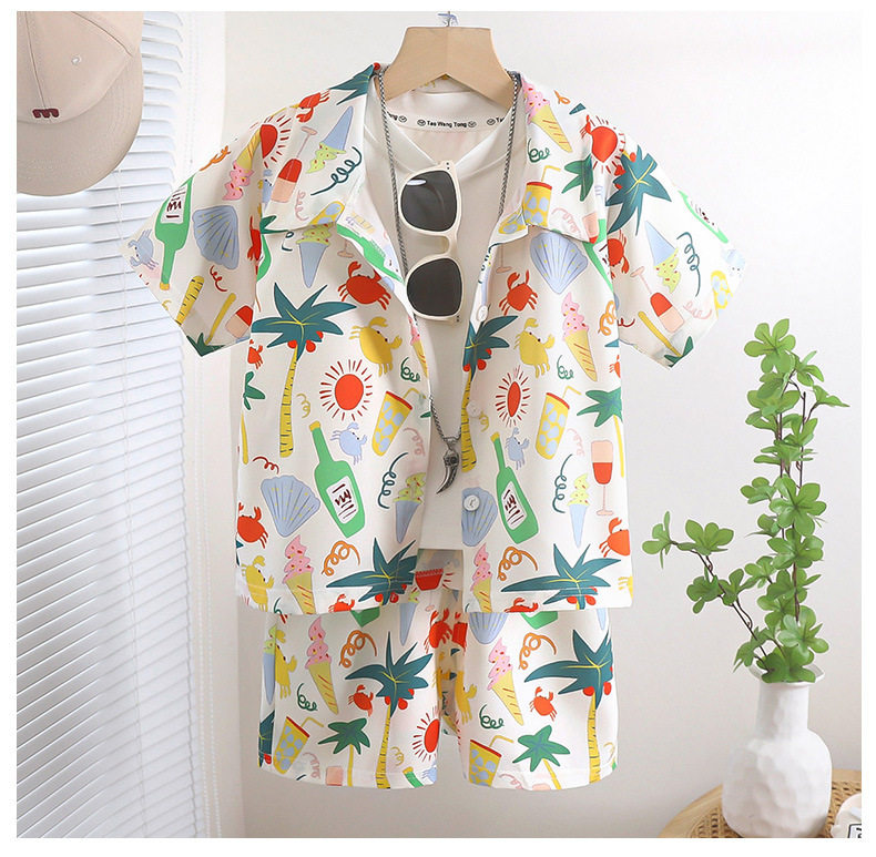New Boys' Collared Short-Sleeve Set, Beach Hong Kong Style Printed Shirt Two-Piece, Thin Summer Vacation Outfit