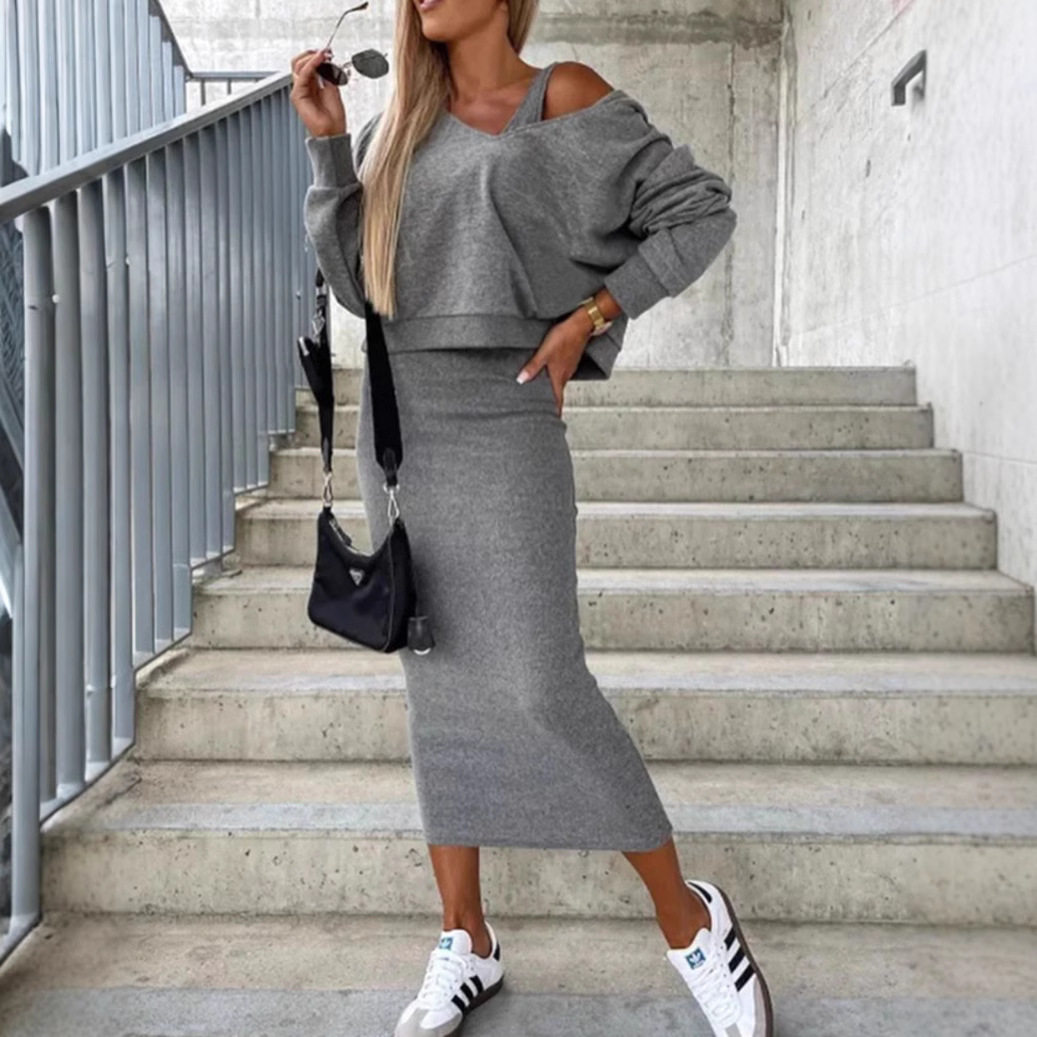 Womens Two Piece Set V Neck Sweater and Knit Dress Autumn and Winter Fashion Wholesale Available