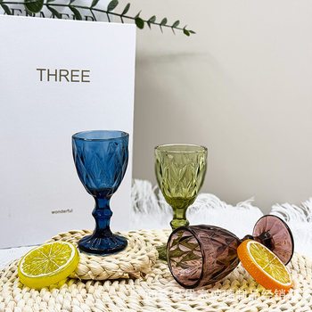 Manufacturer Wholesale Colored Glass Spirit Cup European Retro Wine Cup Thickened Embossed Goblet Wedding White Wine Cup