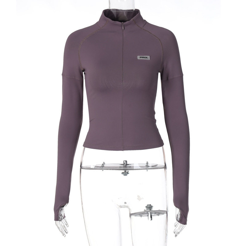 Slim Fit Half Turtleneck Long Sleeve Top Zipper Closure Lightweight Fabric Trendy Style Perfect for Casual Outings