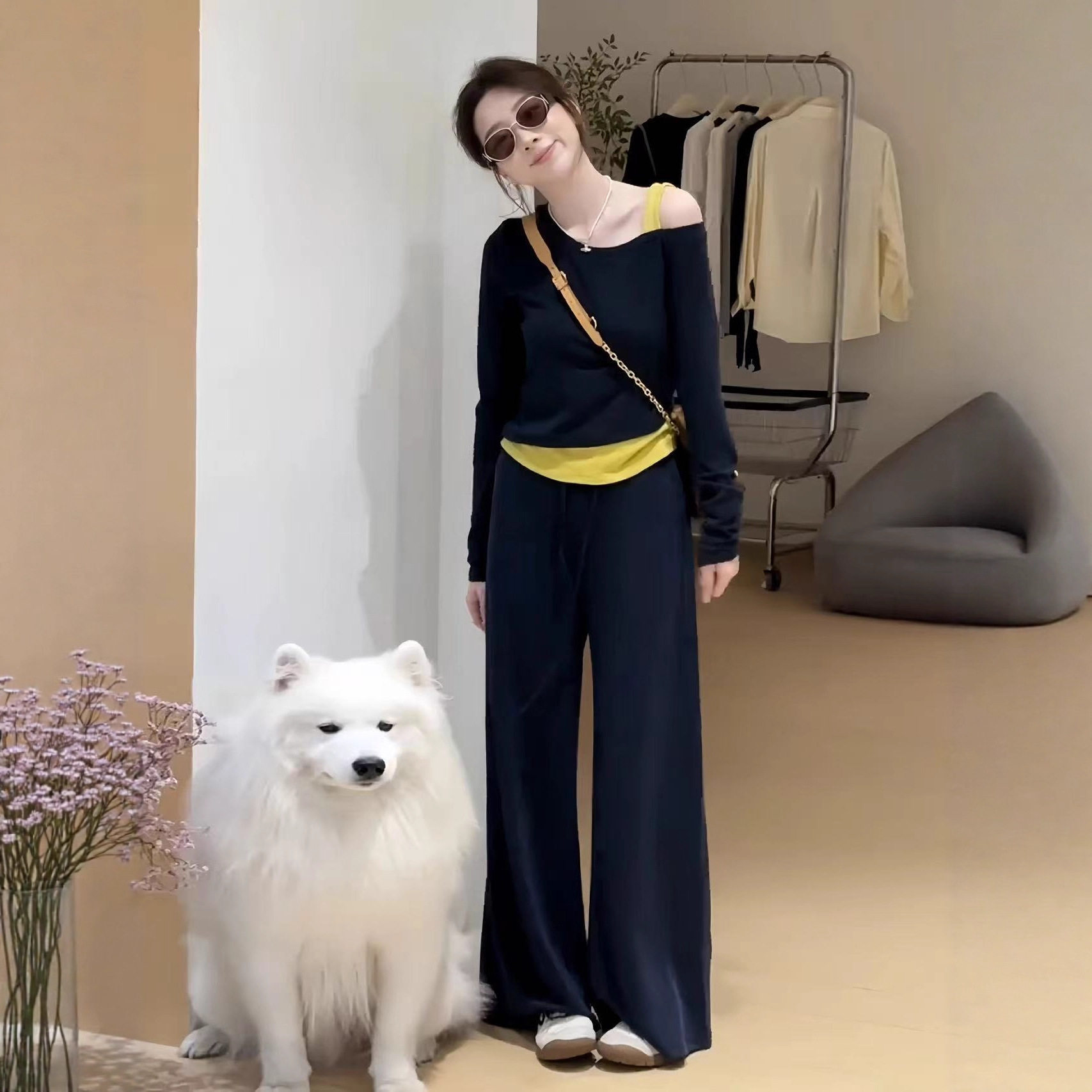 Contrast Color Fashion Sports Suit for Female Autumn Students Korean Style Loose Slimming Fake Two-Piece Slanted Shoulder Sweatshirt Casual Two-Piece Set