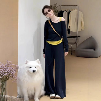 Contrast Color Fashion Sports Suit for Female Autumn Students Korean Style Loose Slimming Fake Two-Piece Slanted Shoulder Sweatshirt Casual Two-Piece Set