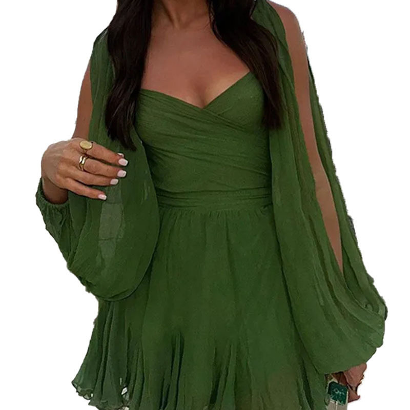 Casual Solid Color Waist Defined Lantern Sleeve Ruffle Hem Dress Summer Collection for Women Wholesale Available