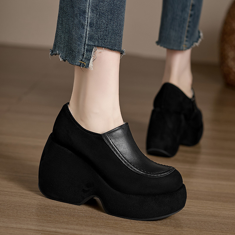 Giày lười nữ đế xuồng cao 10cm mũi tròn tăng chiều cao — Màu đen, Màu trắng be