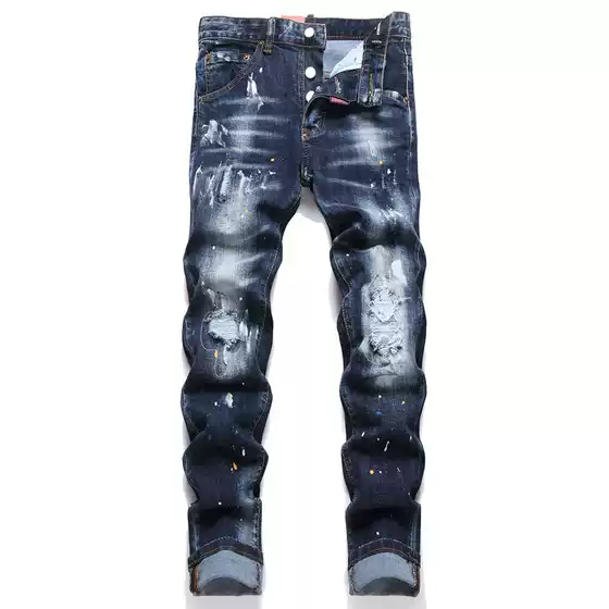 European and American style 2025 spring punk men's jeans blue ripped patch slim waist men's pants D4018