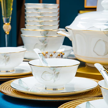 High-Temperature Underglaze Color 2025 Bowl and Plate Set for Home Use, Jingdezhen Light Luxury Tableware, Bone China Housewarming Bowl, Plate, and Chopstick Set