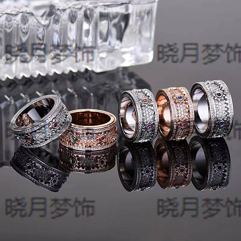 金属圆形爆款满天星可旋转齿轮戒指转动CNC满钻镶嵌机械感跨境