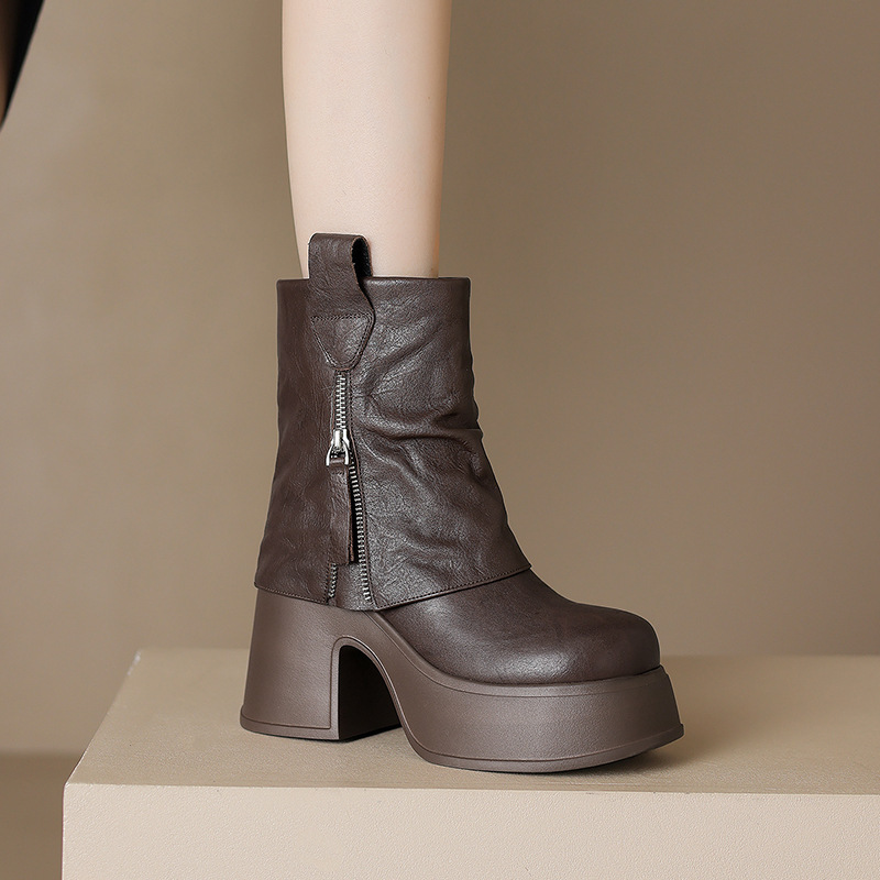 Boot nữ cổ ngắn gót thô tăng chiều cao 10cm, da bò thật, đế dày — Lớp lót đơn màu đen, Lớp lót đơn màu nâu, Lót nhung đen, Lót nhung màu nâu