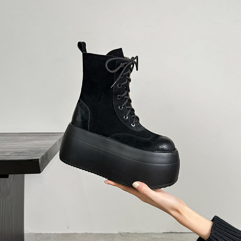 Boot Martin nữ đế dày 8.5cm cổ ngắn dây buộc phối màu da lộn — Lớp lót đơn màu be, Lớp lót đơn màu đen, Lót nhung đen, Lót nhung màu be