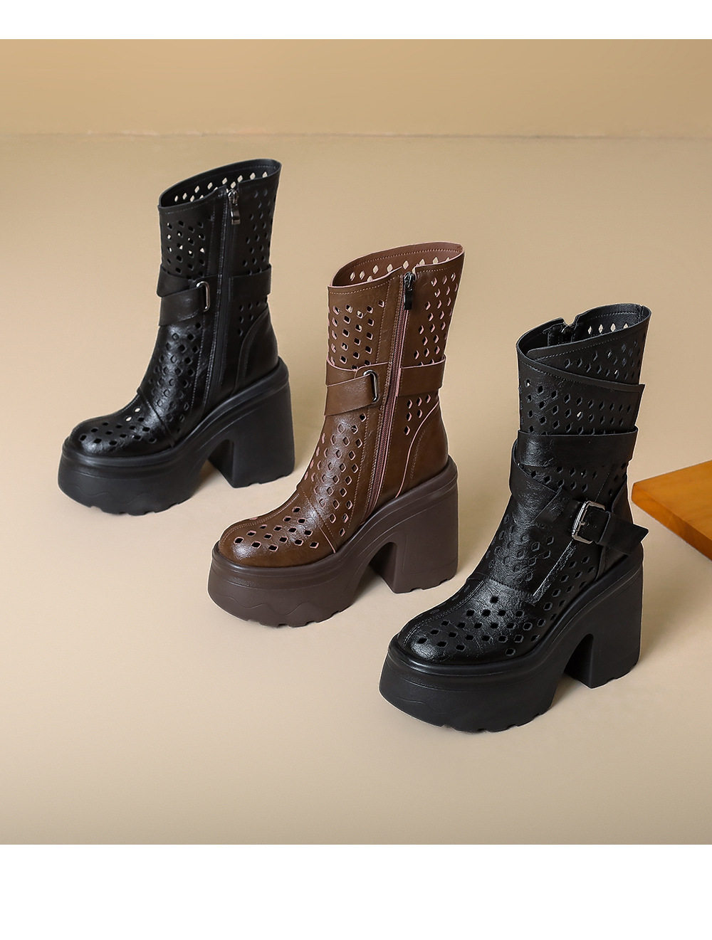Boot cổ thun nữ da bò họa tiết đục lỗ thoáng mát, gót cao 8 cm — [Nâu], [Đen] chi tiết 15