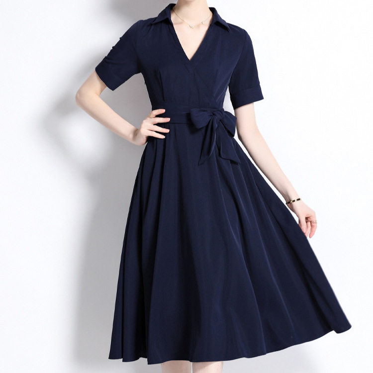 French Style Elegant Short Sleeve Midi Dress High Collar Waist Tie Solid Color Slim Fit Perfect for Casual or