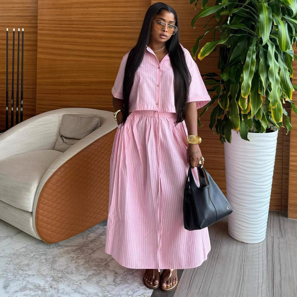 European and American Lapel Striped Short-Sleeved Cardigan Shirt High-Waist Slim Strap Skirt African New Fashion Two-Piece Set