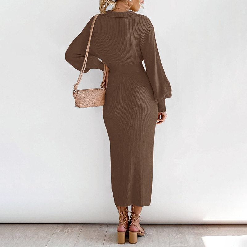 Knitted Sweater Dress Lantern Sleeve Solid Color Vintage Style Autumn Winter Fashion Wholesale Available