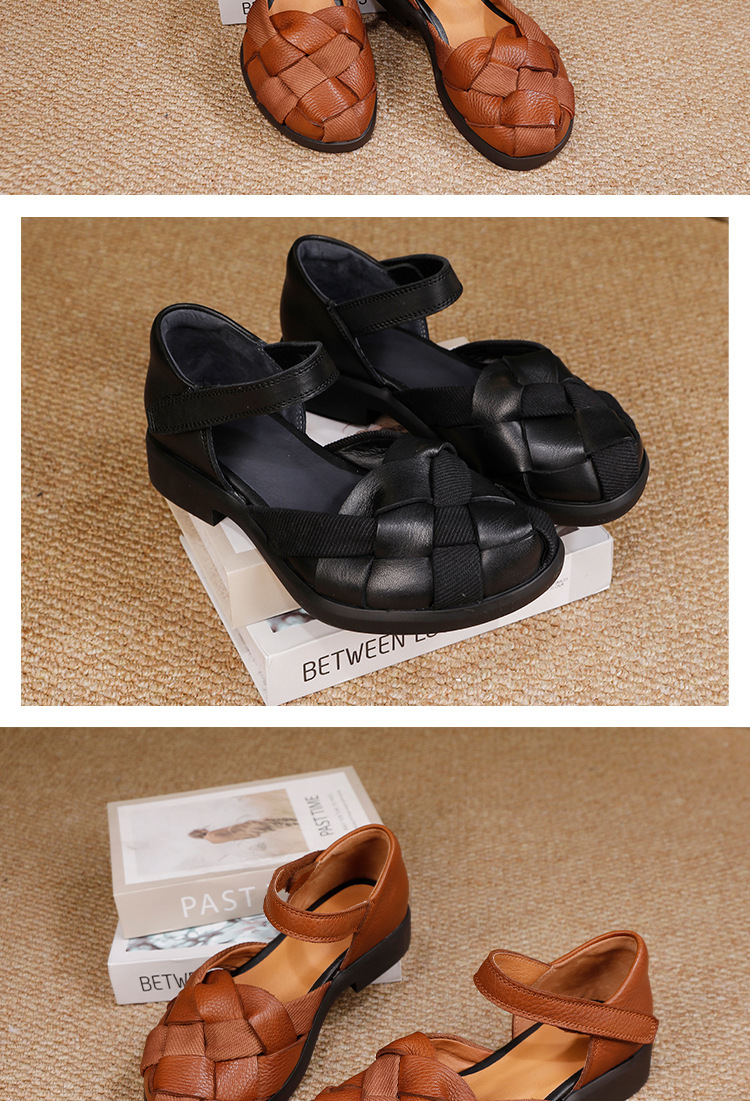 Sandal nữ quai ngang bít mũi đan dây đế mềm da bò — màu đen, Màu nâu