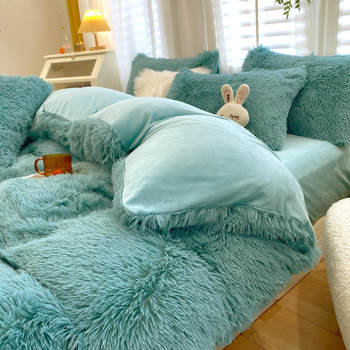 Casual Pure Color Mink Velvet Four-Piece Winter Plush Warm Quilt Cover Internet Celebrity Crystal Velvet Blanket Four-Piece Set