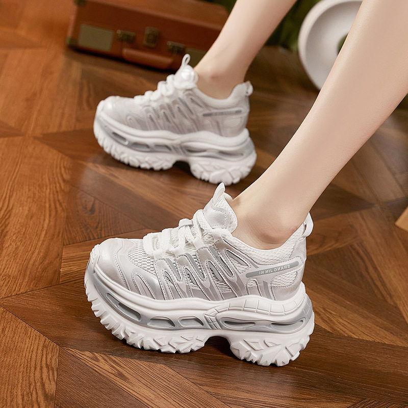 Giày thể thao nữ đế xuồng platform lỗ thoáng khí, gót siêu cao 8 cm — Trắng, Xám xanh