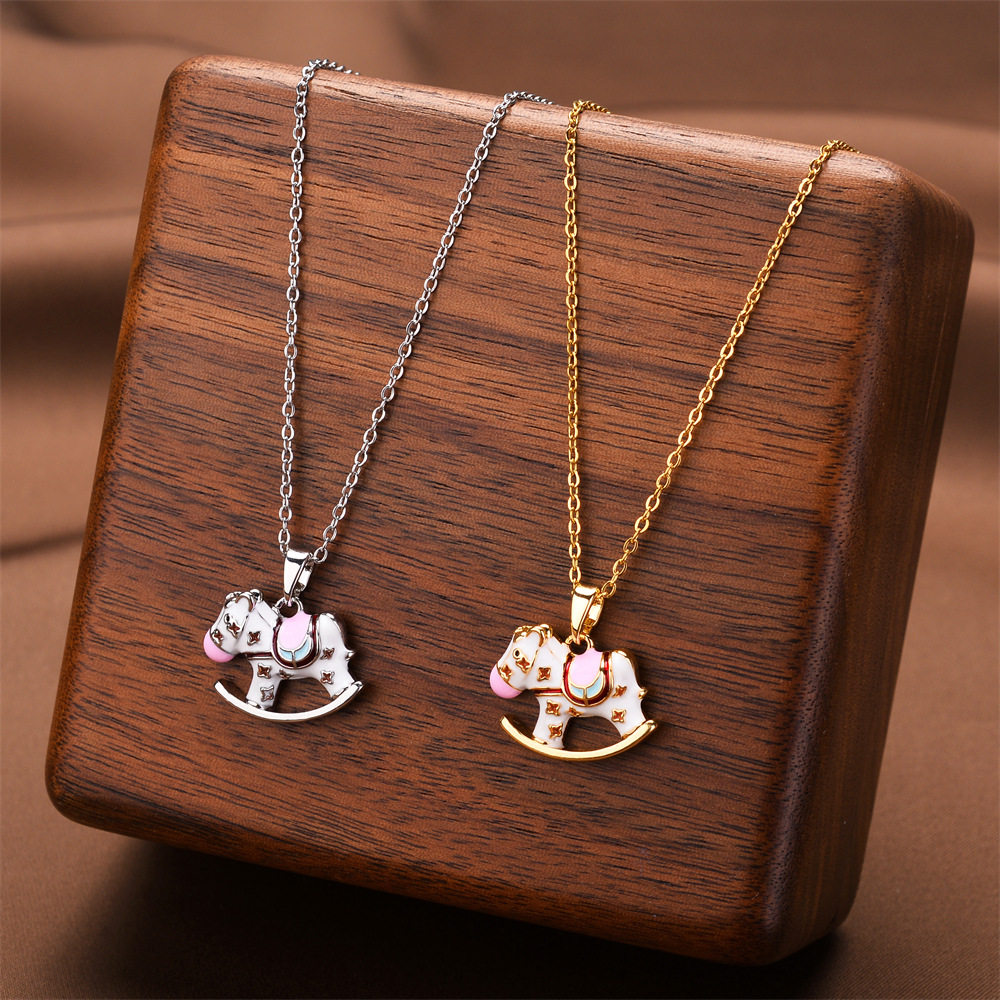 Enamel Drip Glaze Trojan Horse Pendant Titanium Steel Necklace Women's Niche Design Elegant Fashion Necklace New Trendy Clavicle Chain