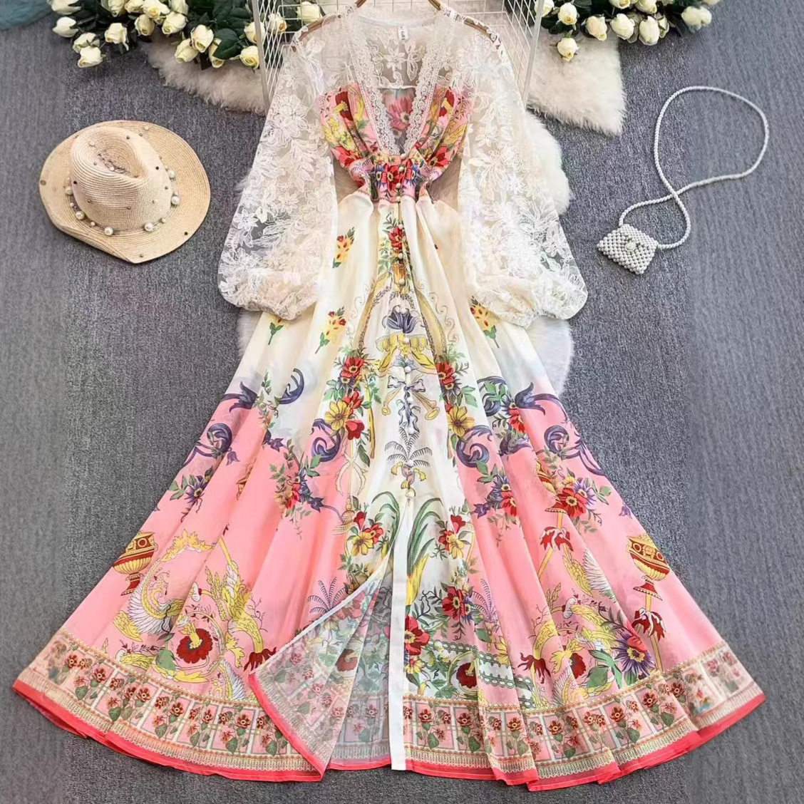 Elegant Lace Trimmed V Neck Dress Vintage Floral Print Waist Cinching Flared Skirt Spring Fall Occasion Wholesale