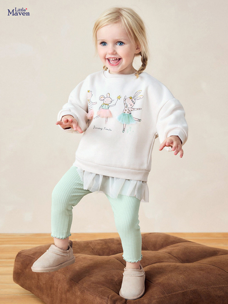 New Autumn Girls' Set, [Style] Fleece-lined Kids' Outfit, Watermark Cartoon Baby Girls' Set