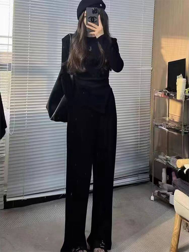 Spring New Casual Suit Women's Slim Fit Asymmetrical Long-Sleeved T-Shirt High-Waist Draped Wide-Leg Pants Two-Piece Set
