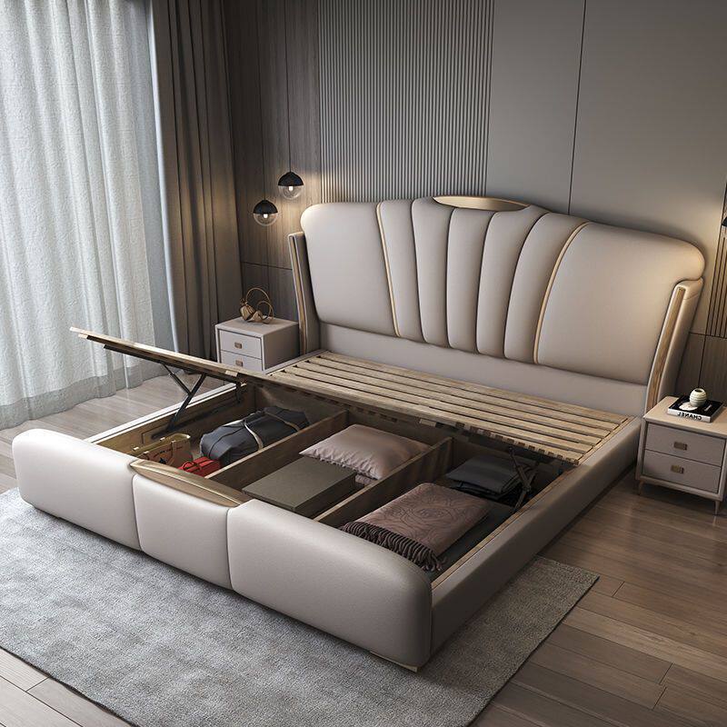 New Bedroom Furniture Light Luxury Italian Minimalist Soft Back Double Bed Simple Modern Multifunctional Storage Leather Bed Universal