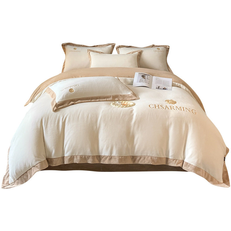 Autumn and Winter Simple Embroidered Milk Velvet Four-Piece Set Thickened Duvet Cover Bed Sheet Three-Piece Set Bedding Nantong Home Textiles