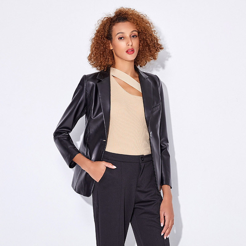Áo Khoác Blazer Nữ Da Cừu Thật Dáng Motor Tiểu Tây Trang Màu Đen