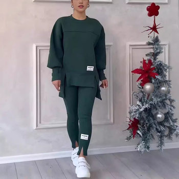 2024 European and American Amazon Independent Station Cross-Border Women's Irregular Long-Sleeved Printed Sweatshirt and Leggings Set