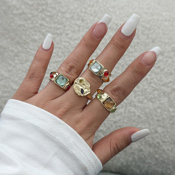 Europe and the United States cross-border jewelry lava geometric diamond gem ring suit ring personality liquid alloy smooth ring