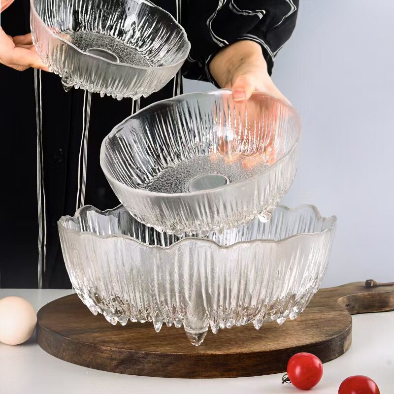Japanese-Style Glass Glacier Fruit Plate for Home Living Room Light Luxury Snack Basket Display Fruit Plate Salad Bowl Set