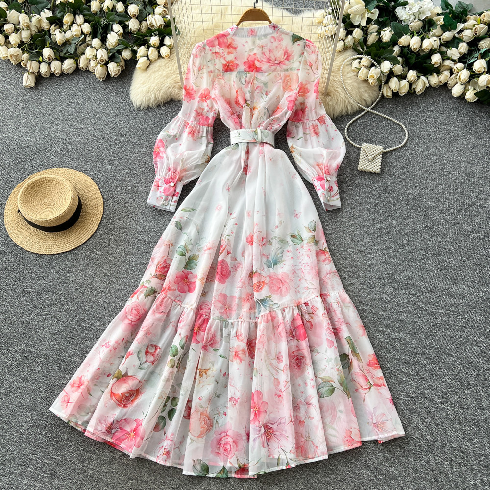 Floral Print A Line Dress with Rhinestone Accents Long Sleeve High Waist Elegant Style Spring Office Wear Wholesale