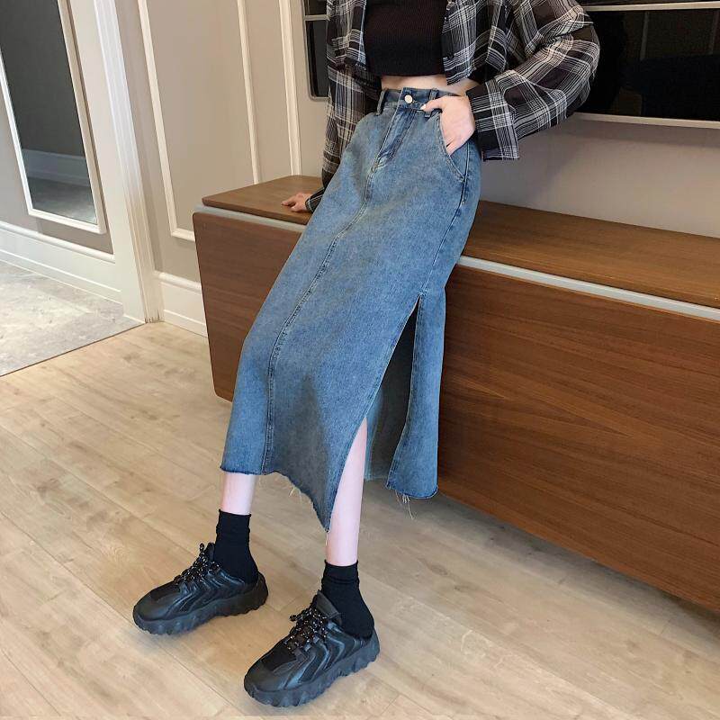 High Waisted A Line Denim Skirt Vintage Style Irregular Split Mid Length Spring Summer Fashion Wholesale Available