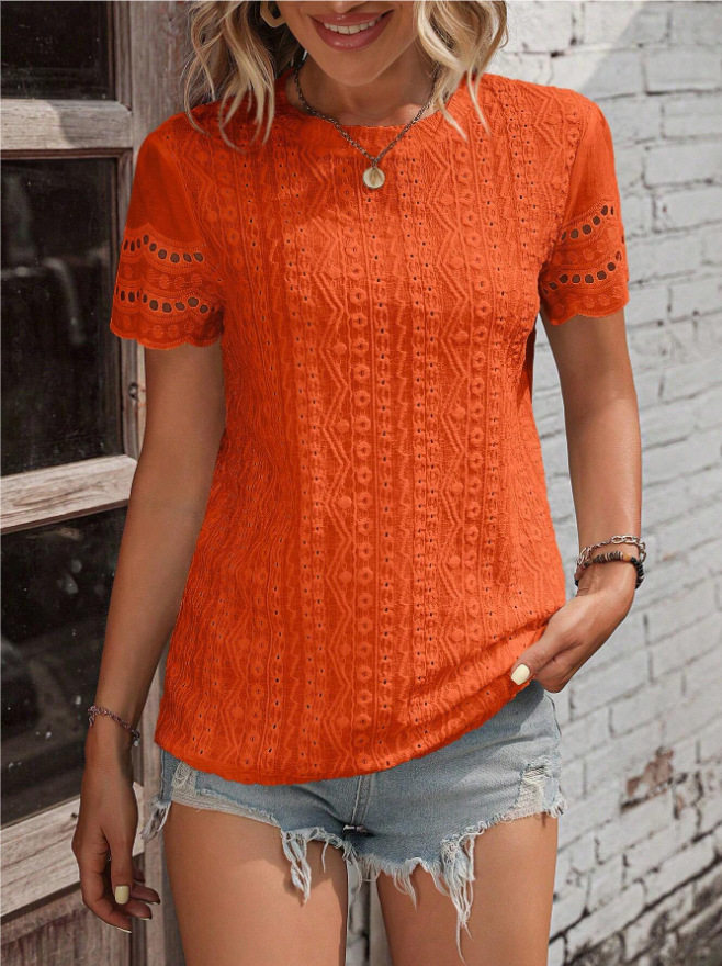Casual Short Sleeve V Neck Shirt Summer Ready Solid Color Pleated Design Embroidered Details Wholesale Available
