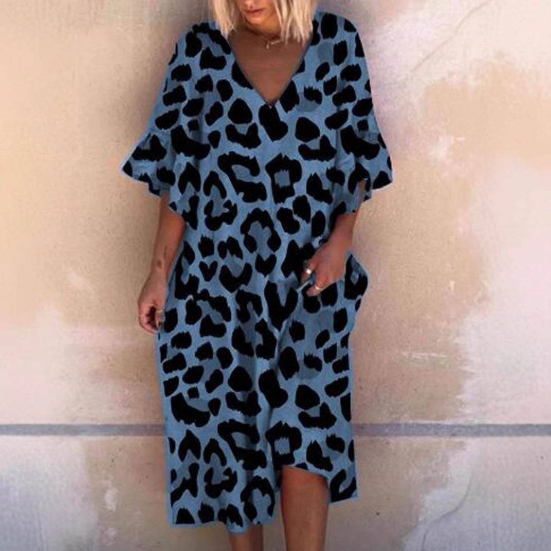 Leopard Print V Neck Ruffle Sleeve Plus Size Dress for Women Casual Summer Wear low MOQ