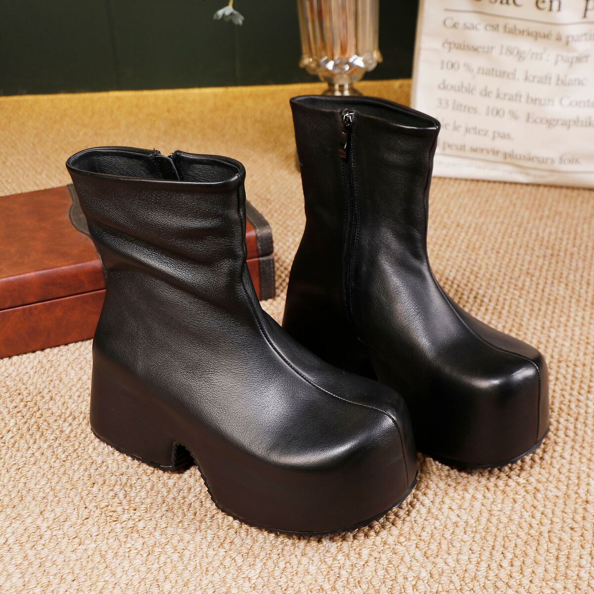 Boot nữ da bò thật cổ thấp đế dày tăng chiều cao phong cách cổ điển — màu đen, màu nâu