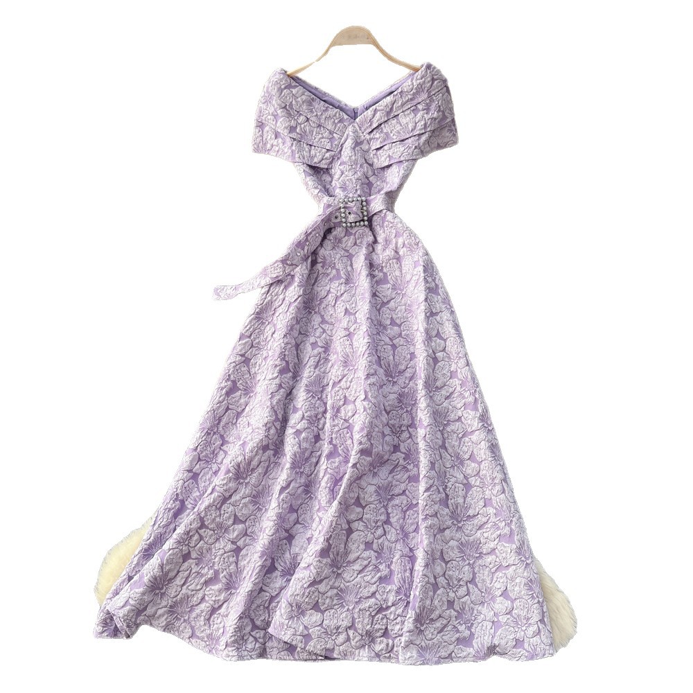 French Style Blue Floral Maxi Dress for Women Summer High Waist A Line Puff Sleeves Slim Fit Elegant Occasion