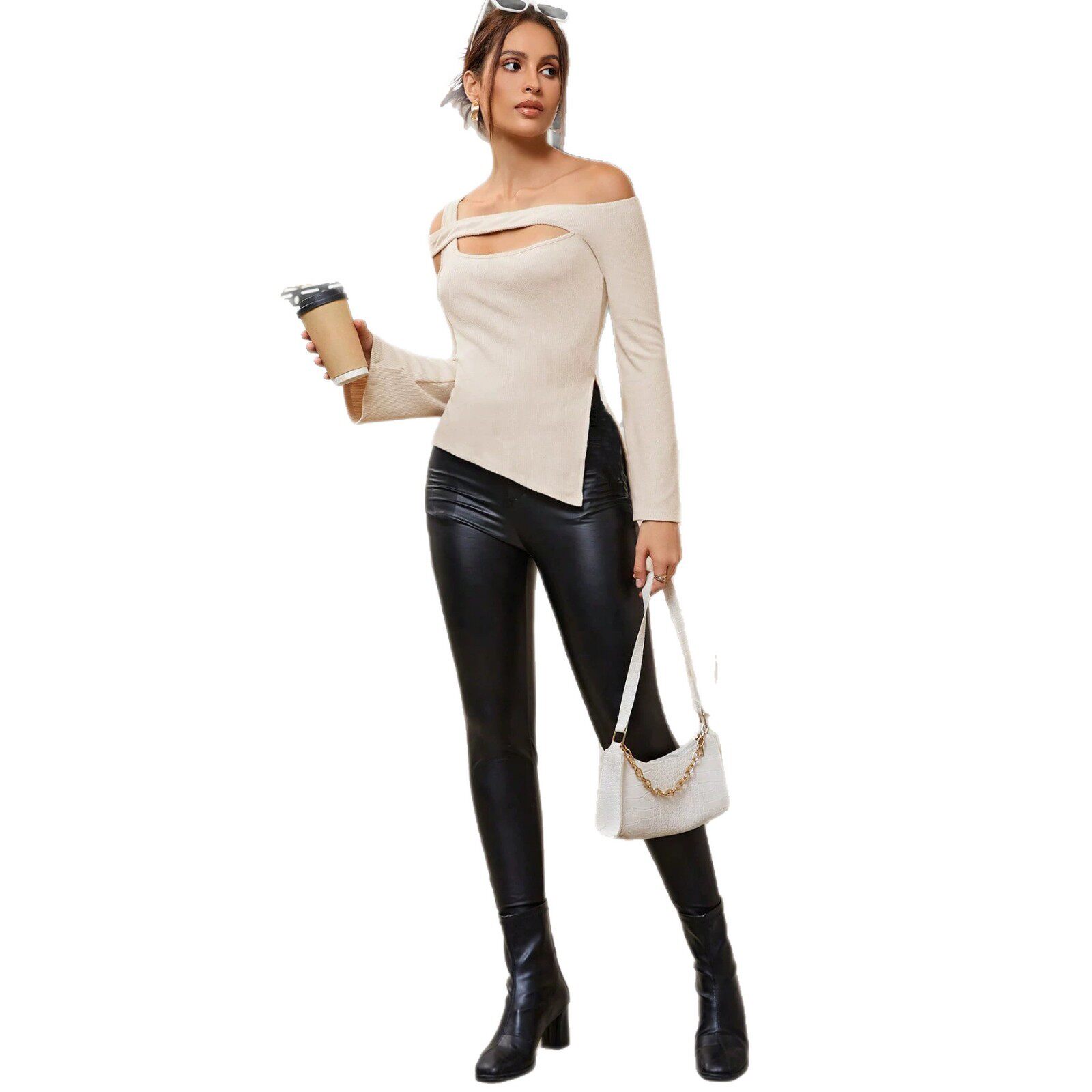 Off Shoulder Hollow Out Top Slim Fit Long Sleeve Side Slit Trendy Casual Wear for Women Wholesale Available