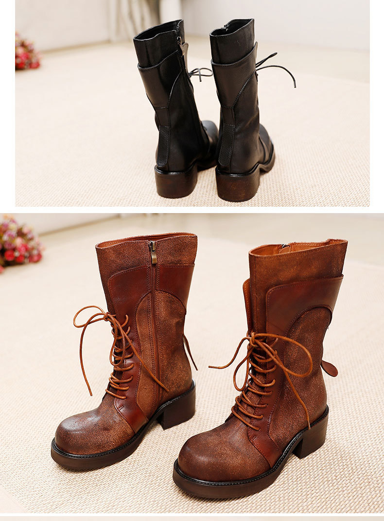 Boot Martin nữ da bò thật cổ trung, khóa kéo bên, gót vuông — Màu cà phê, Màu đen