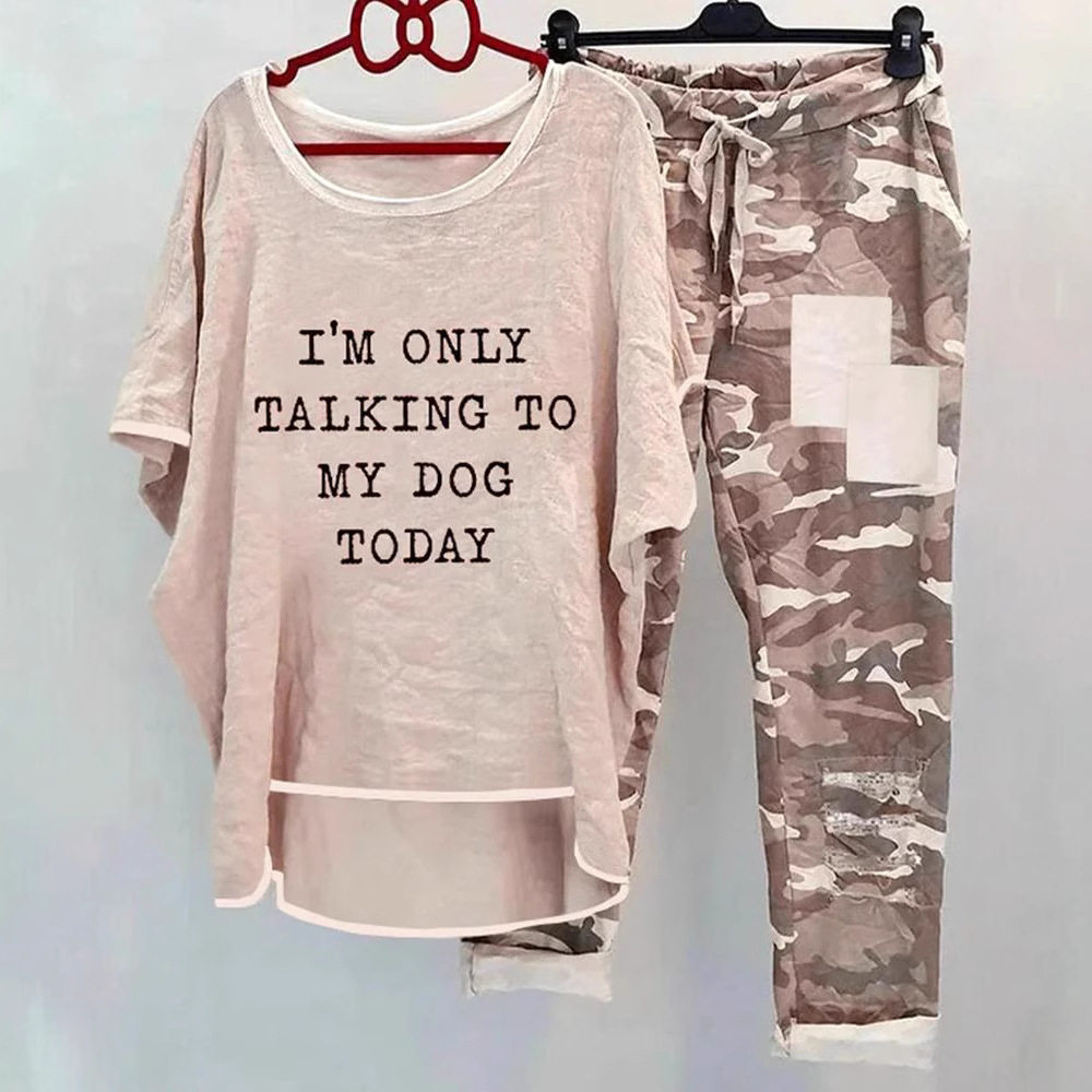 Casual Camouflage Print Set Short Sleeve Top Comfortable Pants Autumn Fashion Wholesale Available