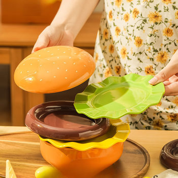 Hamburger-Shaped Plate and Bowl Set, Ceramic Creative Tableware, Cute Dish Plate, Dessert Plate, Underglaze Color Bowl