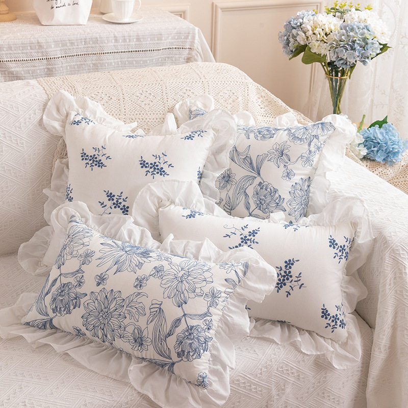 New French-Style Romantic Pastoral Ruffle Lace All-Cotton Embroidered Cushion Sofa Headboard Pillow Cover