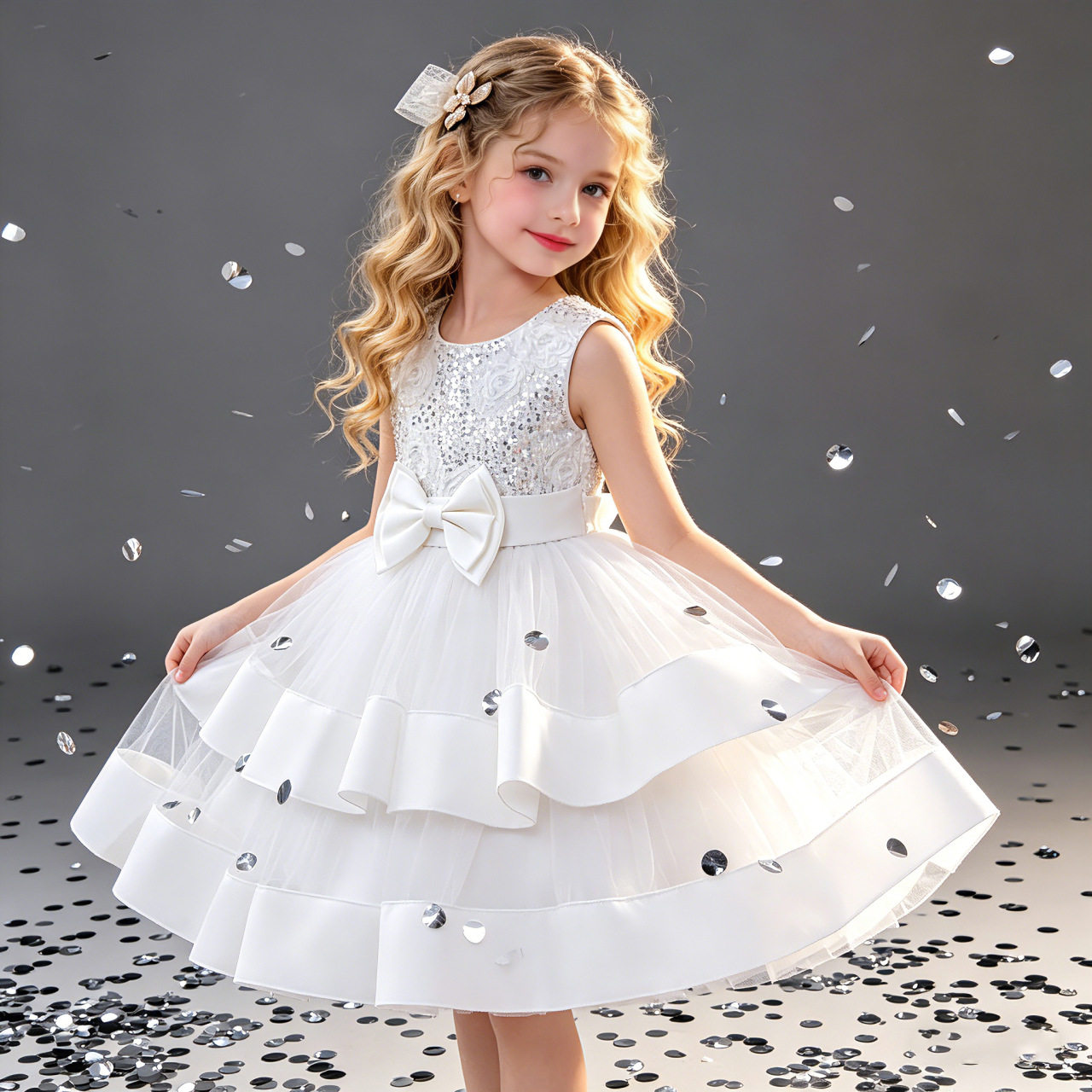 girls dress new double layer mesh bow party dress princess performance costume 8632