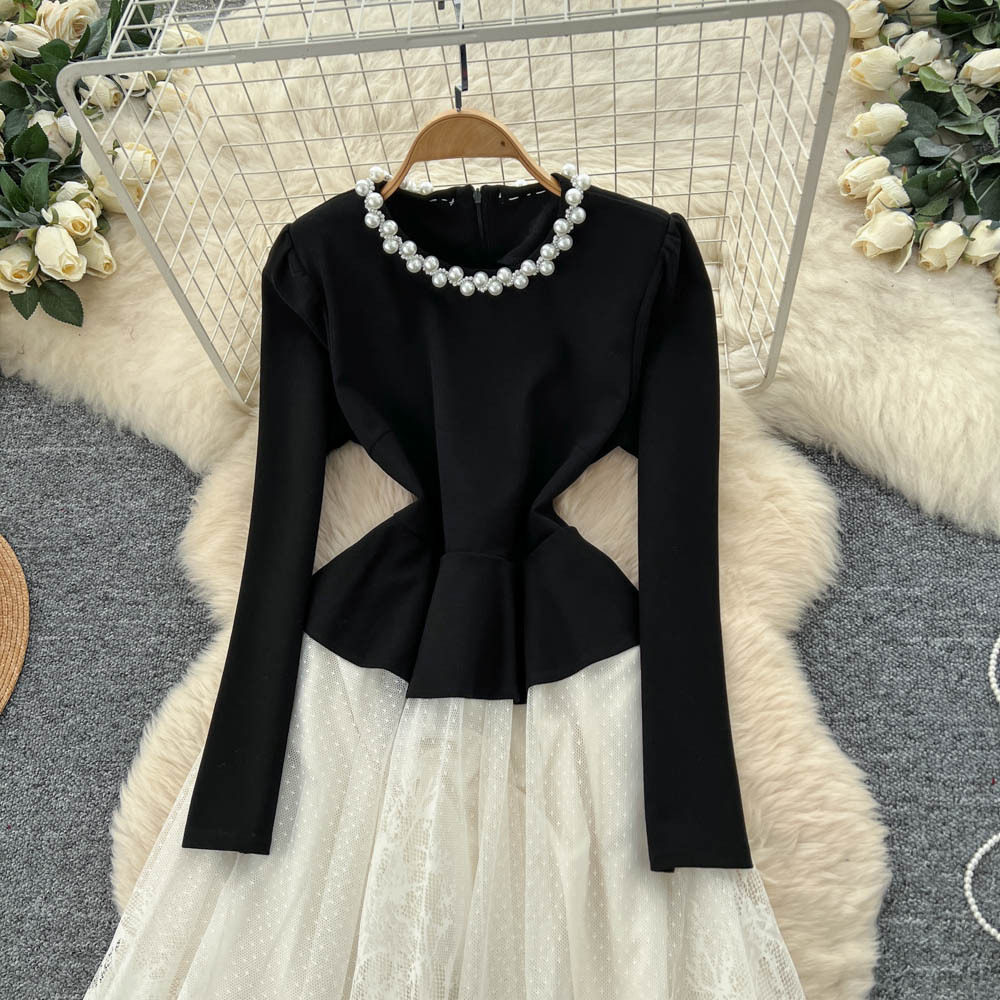 French Hepburn Style Beaded Round Neck Long Sleeve Lace Patchwork Dress Elegant Fit Flare Design Perfect for Autumn