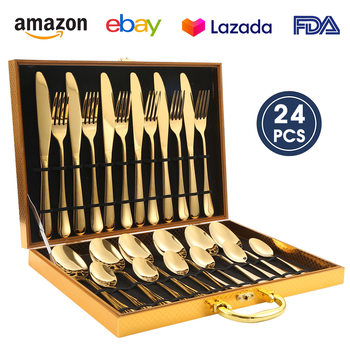 Cross-border supply Amazon 1010 stainless steel tableware 24-piece set Western steak knife, fork and spoon suit wooden box gift