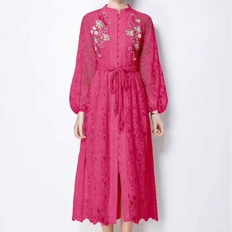 French Vintage Embroidered Dress Beaded Sequined Waist Tie Lantern Sleeves Elegant Autumn Long Dress Wholesale